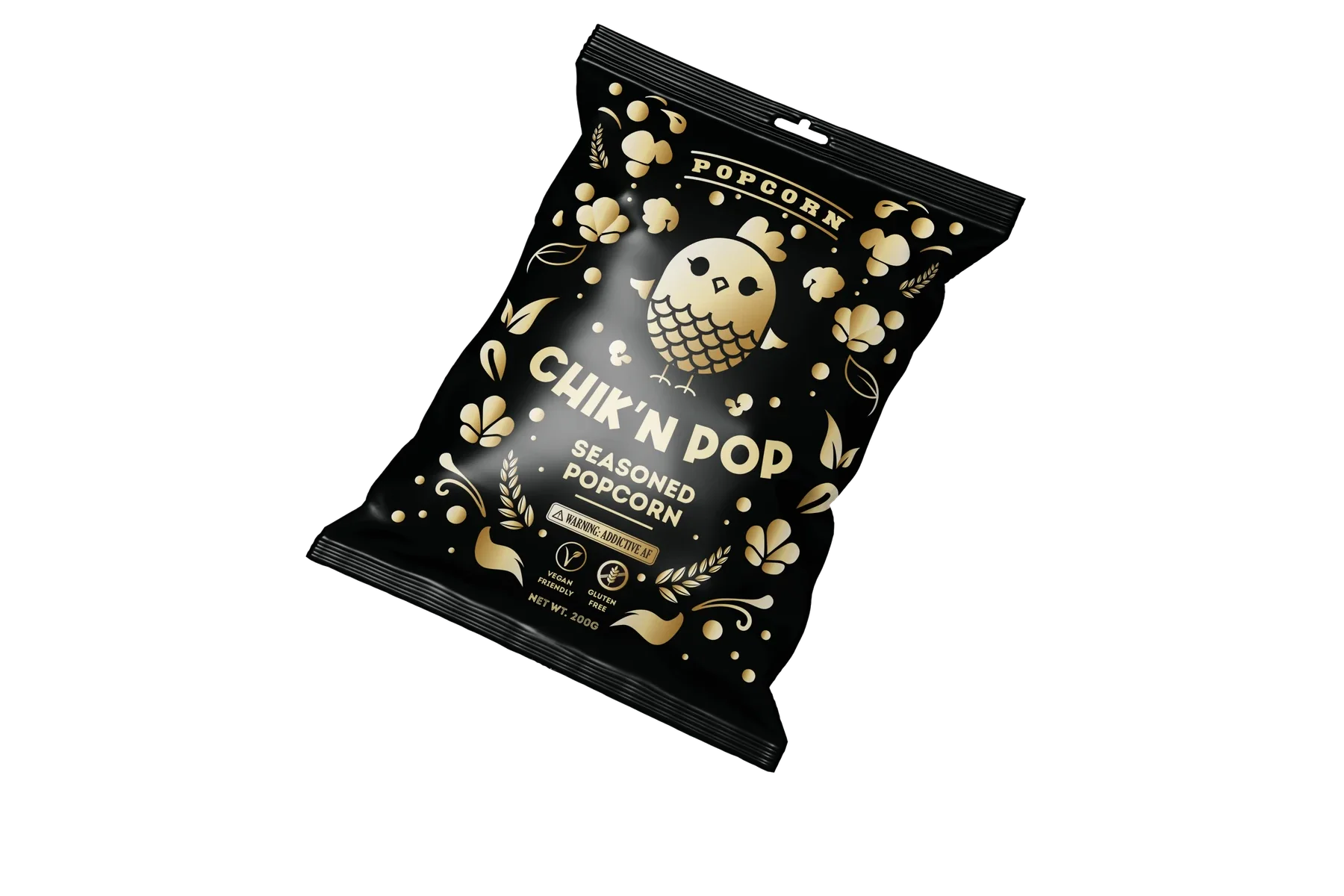 Chik’nPop seasoned popcorn in its original black and gold bag