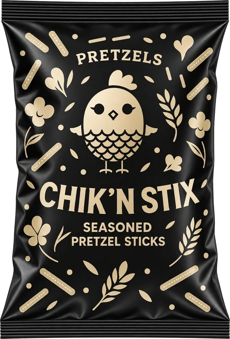 Chik’nStix seasoned pretzel sticks in a black and gold bag with the original chicken mascot