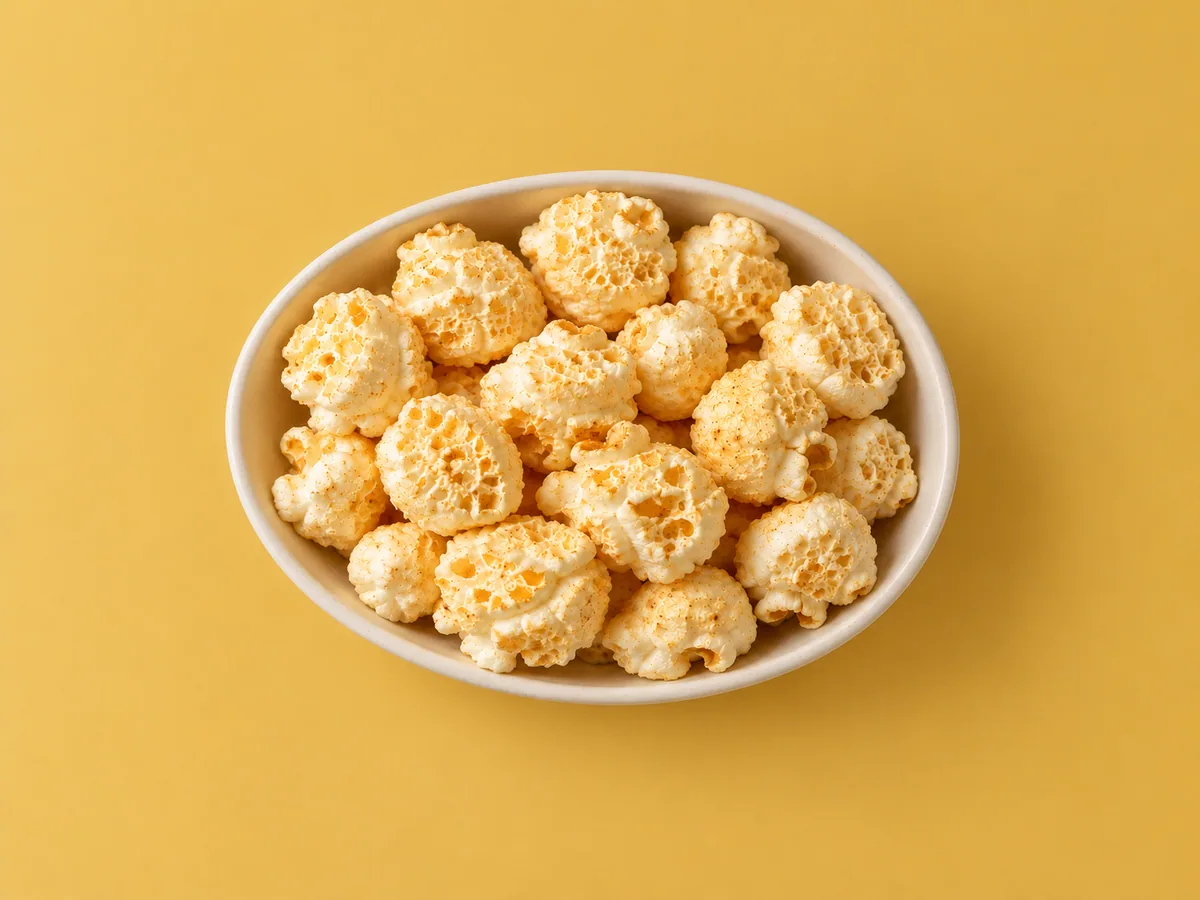 Mushroom popcorn in a shallow ivory serving dish.
