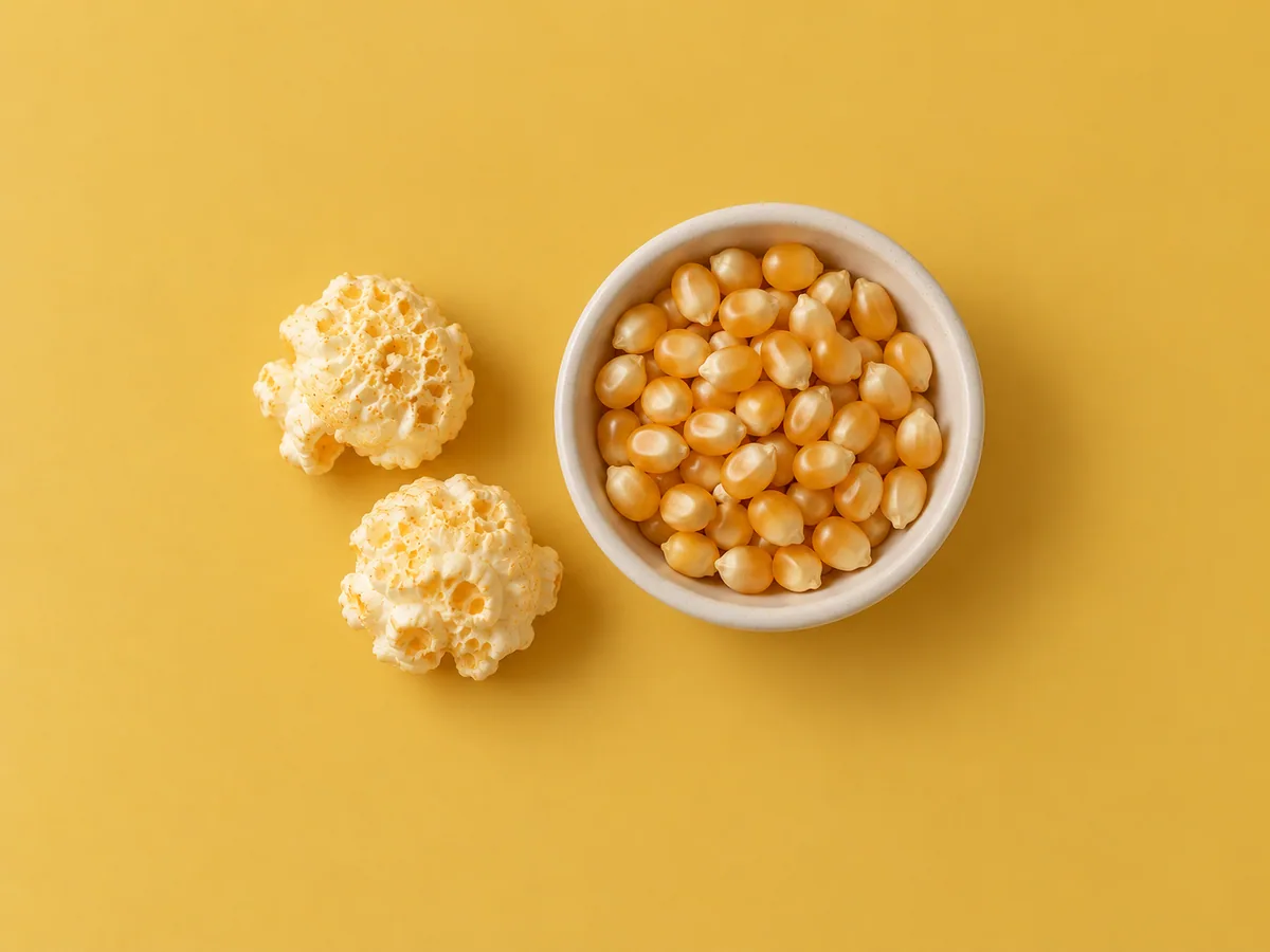 Unpopped corn kernels on an ivory saucer beside two popped mushroom kernels.