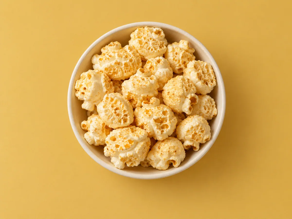A simple ivory bowl filled with rounded mushroom popcorn.