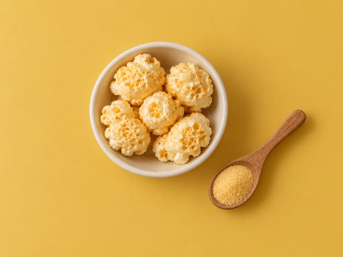 A small dish of mushroom popcorn beside a spoon of fine golden seasoning.