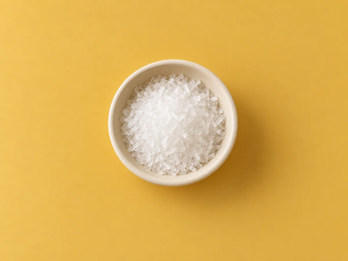 White MSG crystals in a small ivory pinch bowl.