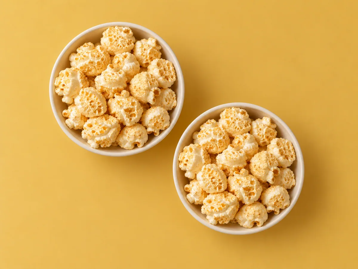 Two ivory bowls of mushroom popcorn ready to share.