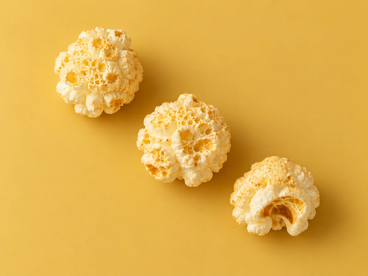 Three mushroom popcorn pieces showing their round crowns and craggy undersides.
