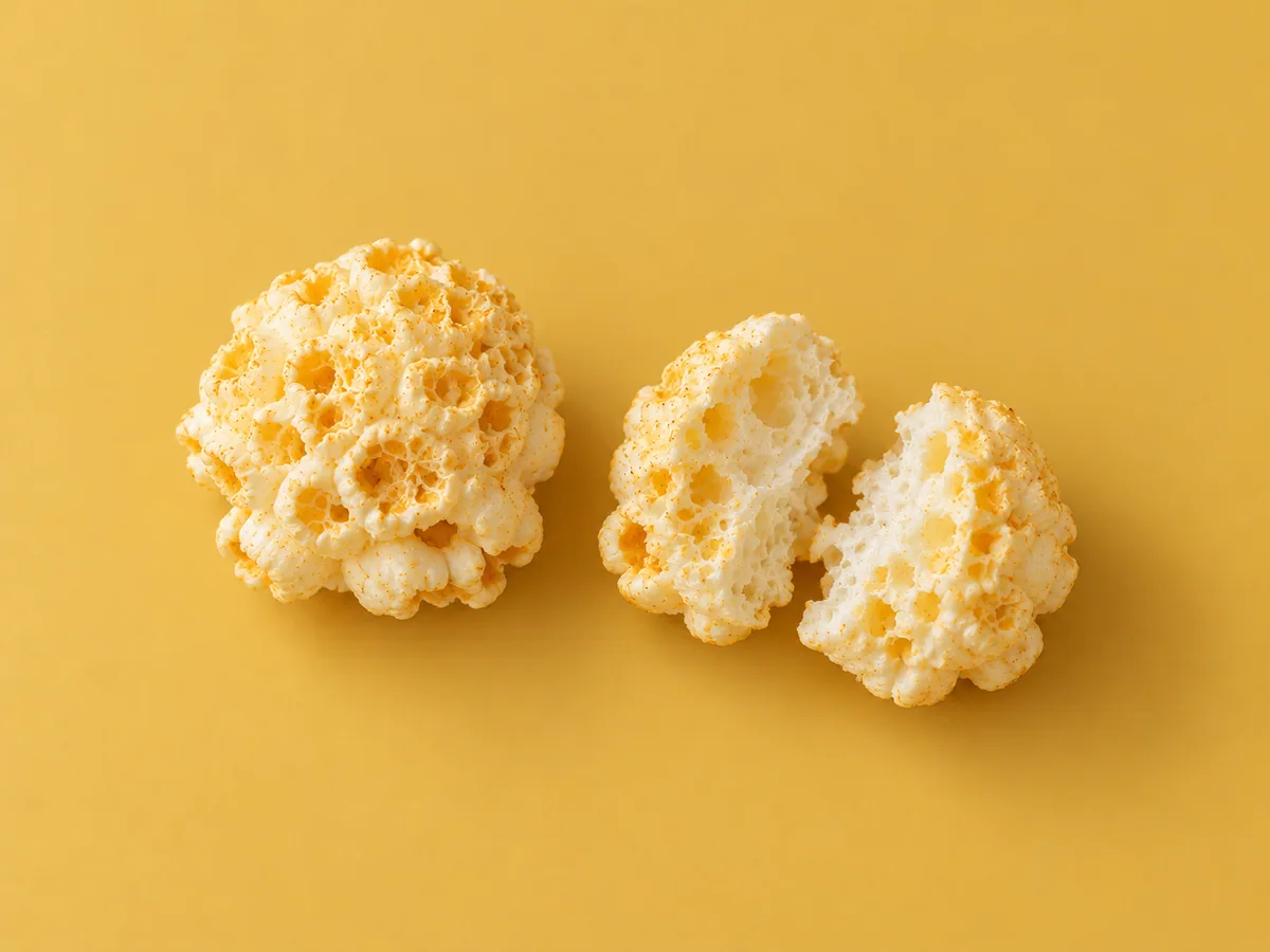 A whole mushroom popcorn piece beside two halves showing the airy interior.