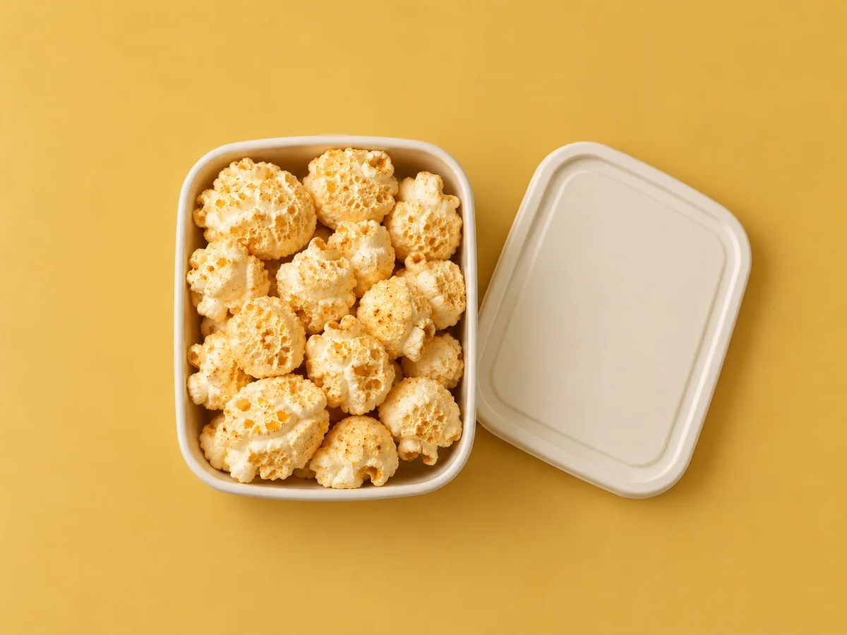 Mushroom popcorn packed in an ivory snack container with its lid beside it.