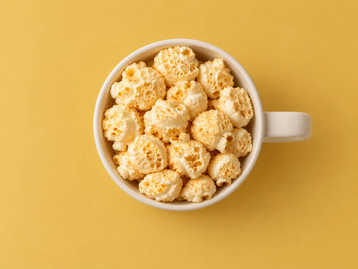 A plain ivory mug filled with mushroom popcorn.