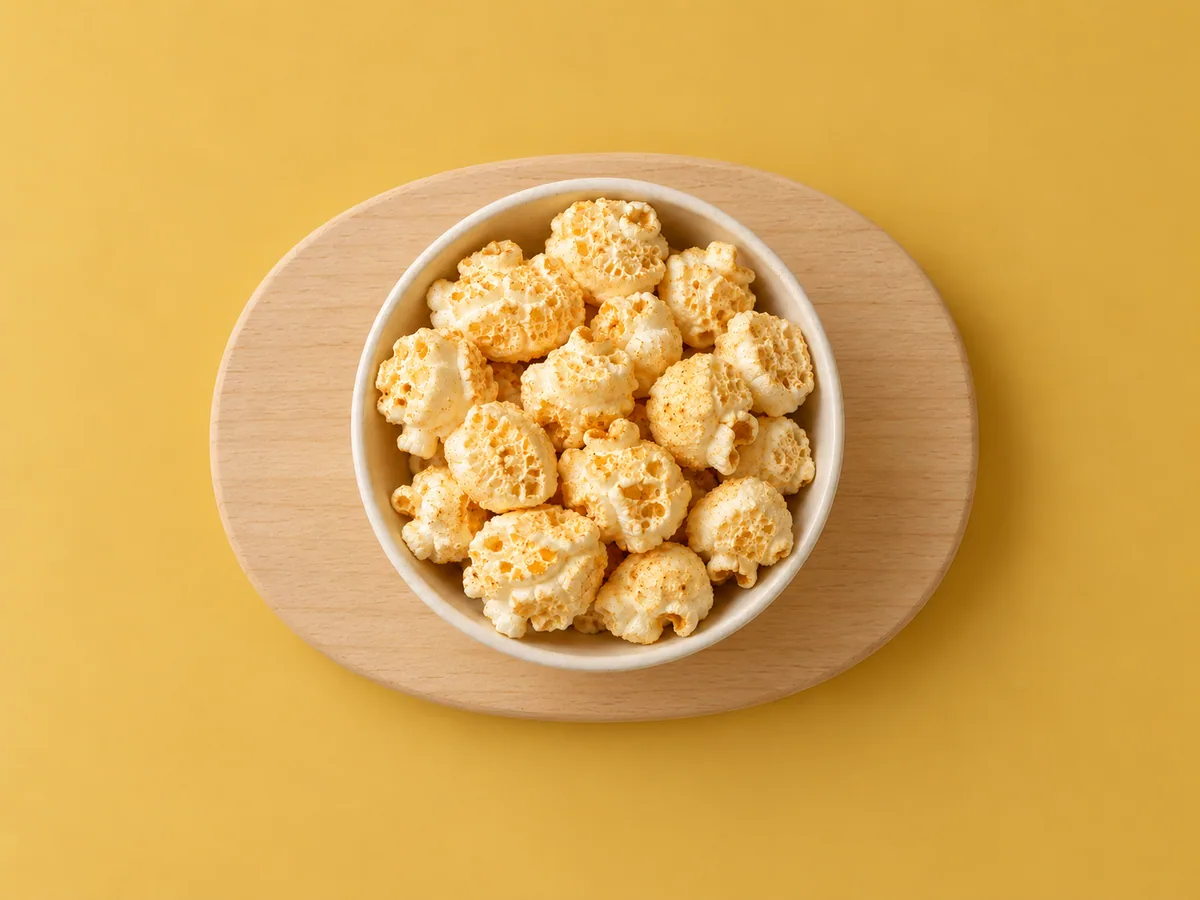 A bowl of mushroom popcorn on a simple wooden serving board.
