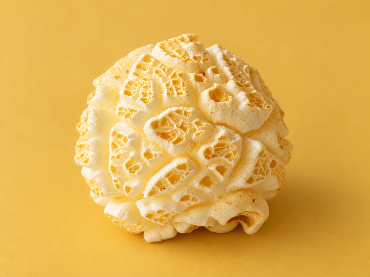 A close-up of a lightly golden seasoned mushroom popcorn piece.