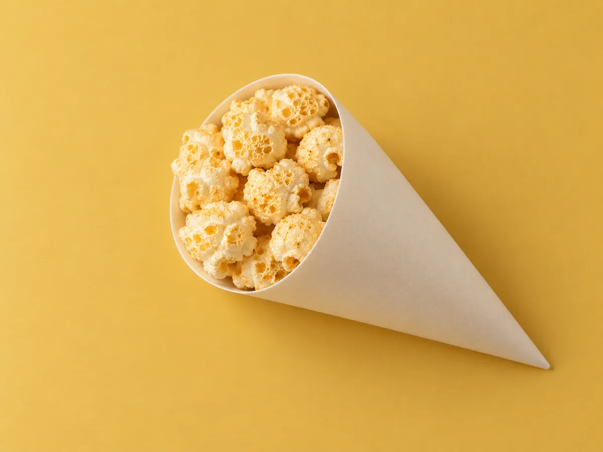 Mushroom popcorn inside a plain paper snack cone.