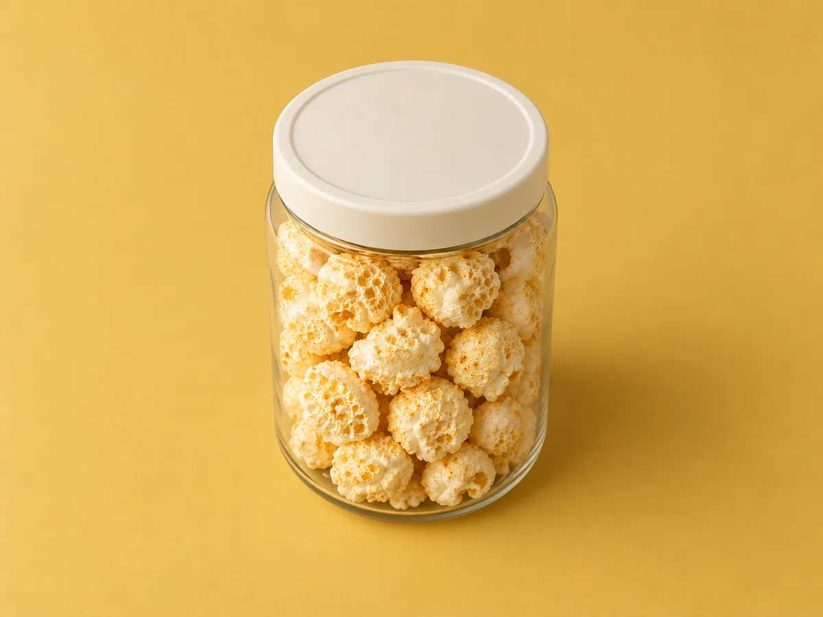Mushroom popcorn inside a closed glass storage jar.