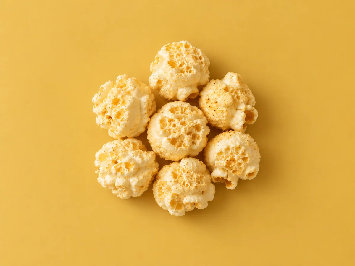 A small cluster of seven rounded mushroom popcorn pieces.