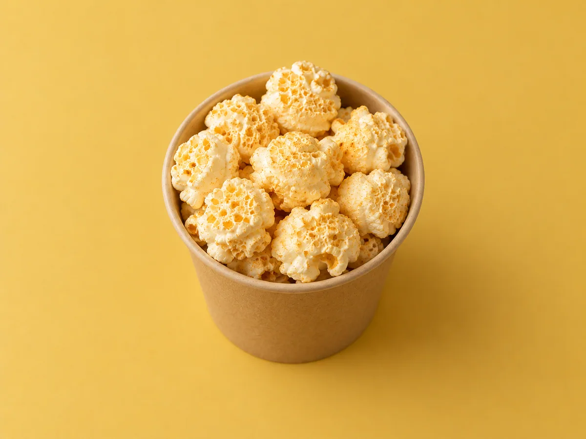 Mushroom popcorn in a plain kraft paper snack cup.